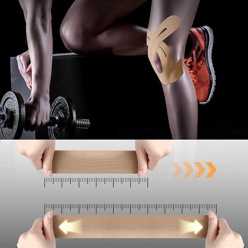 Purple pre-cut kinesiology tape supporting an athlete's knee for muscle support
