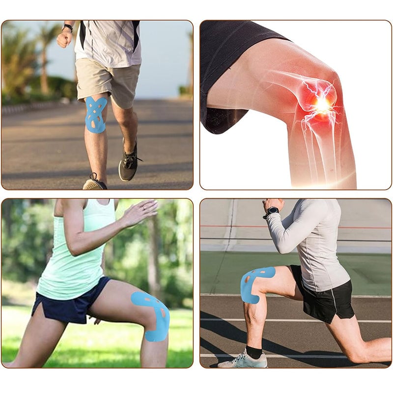 Roll of pre-cut kinesiology athletic tape in various colors, muscle support kit