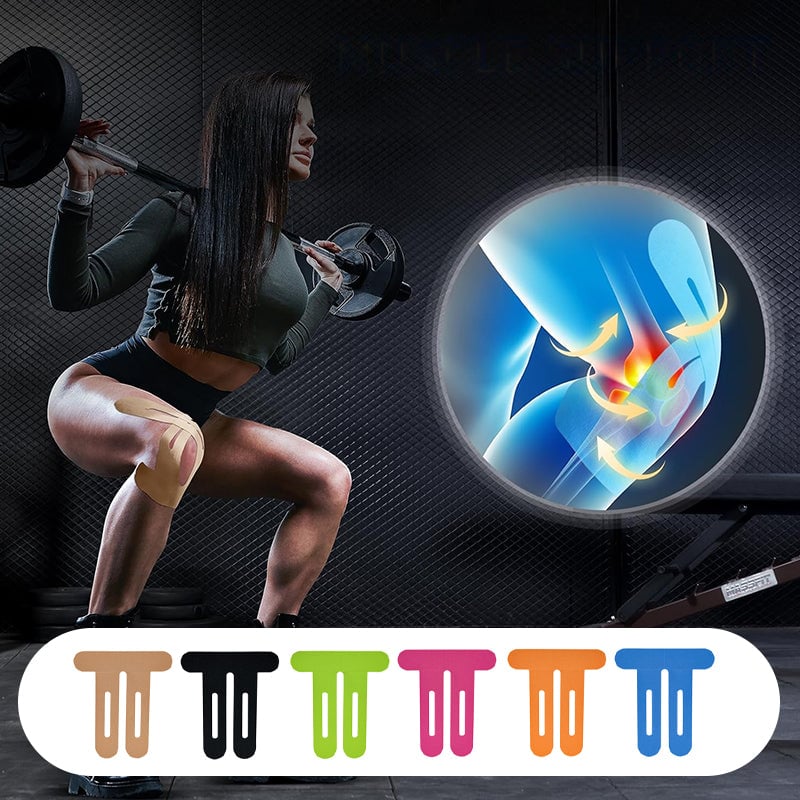 Athlete applying pre-cut kinesiology tape to calf muscle for support and fitness