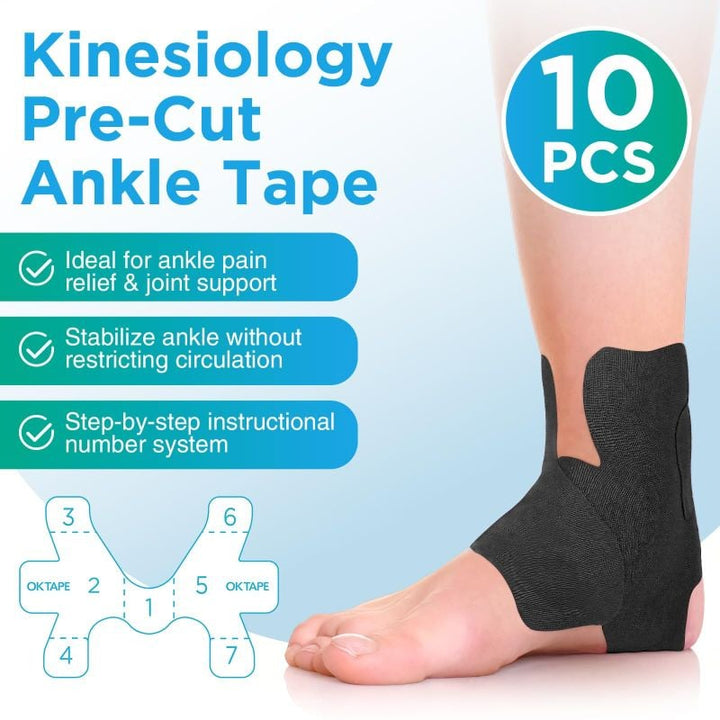 Unisex precut kinesiology ankle support tape in a beige color, close-up on ankle