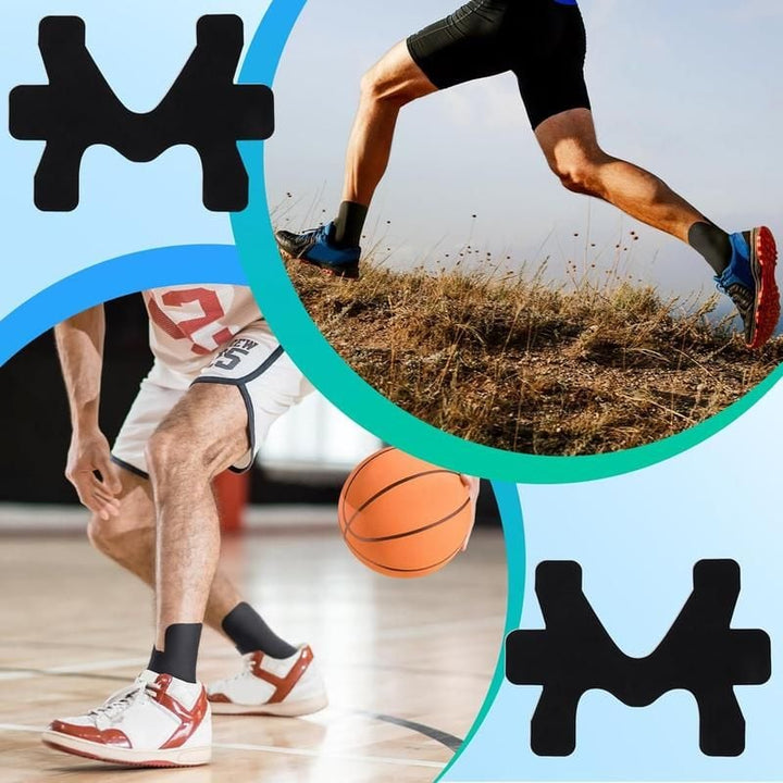 Athletic precut kinesiology tape supporting an ankle during sports activity, black color