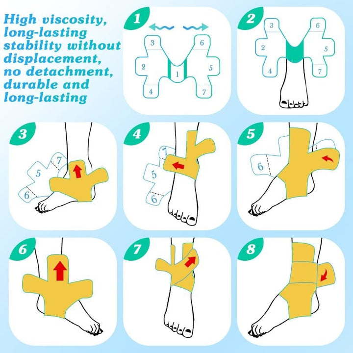 Injury prevention kinesiology ankle support tape, showing muscle support and flexibility