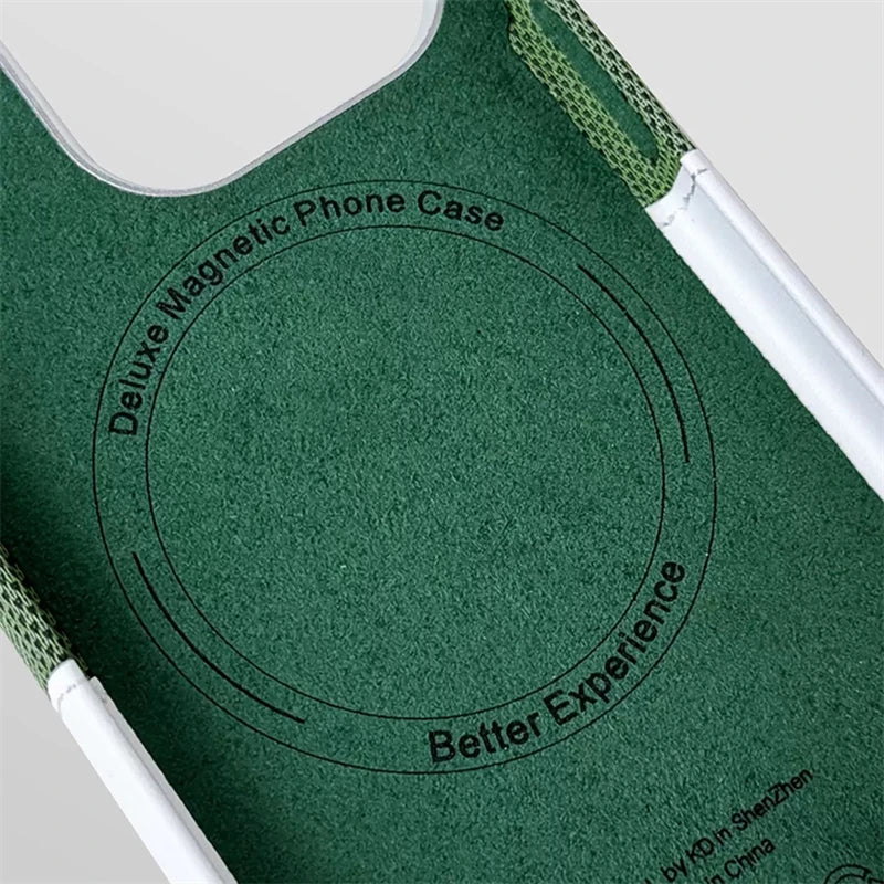 Lifestyle image of a person using a phone with a premium leather magnetic card case attached, on-the-go.