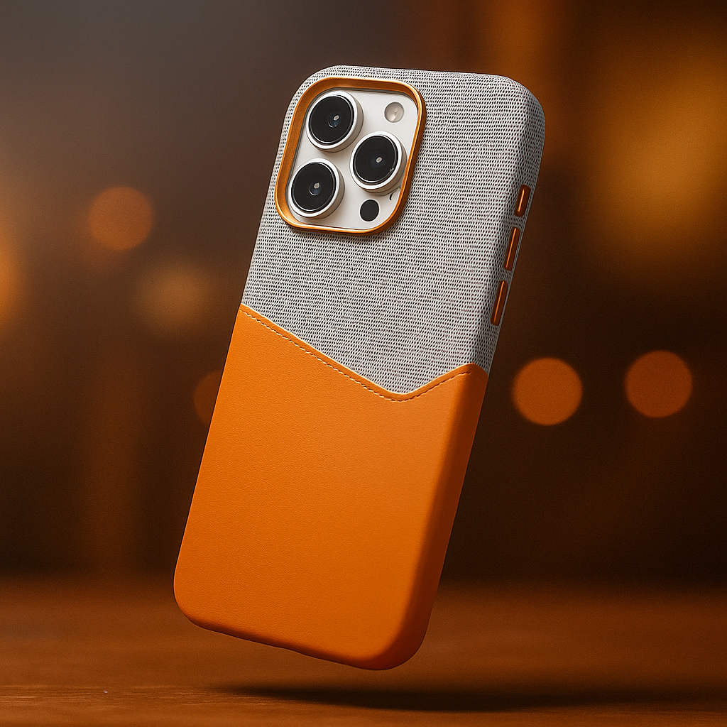 Magnetic card case in gray leather, perfectly attached to a smartphone, showcasing its strong hold.
