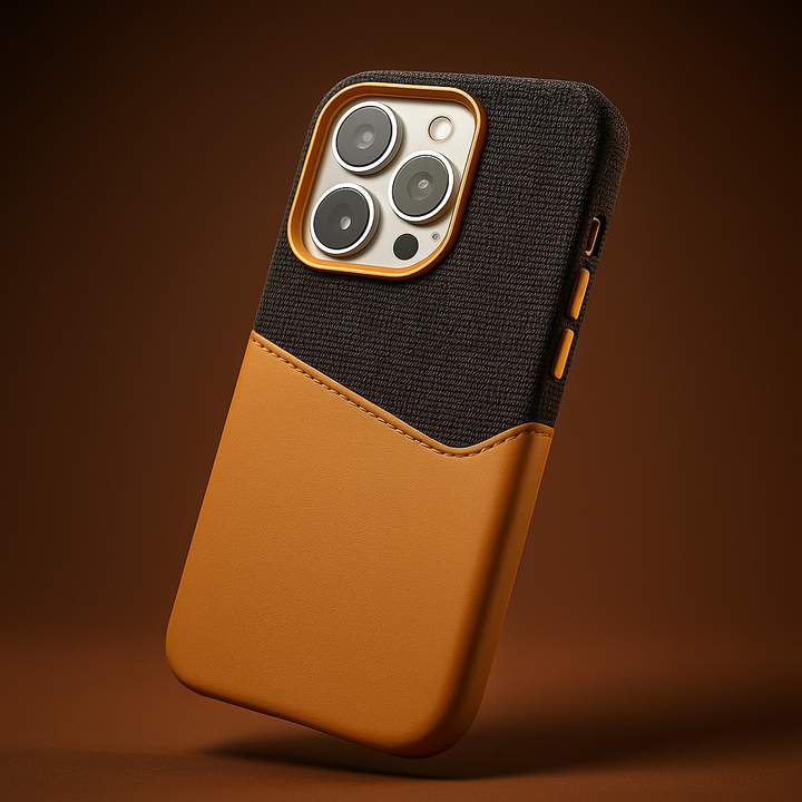 A hand holding a phone with a black premium leather magnetic card case, highlighting its convenience.