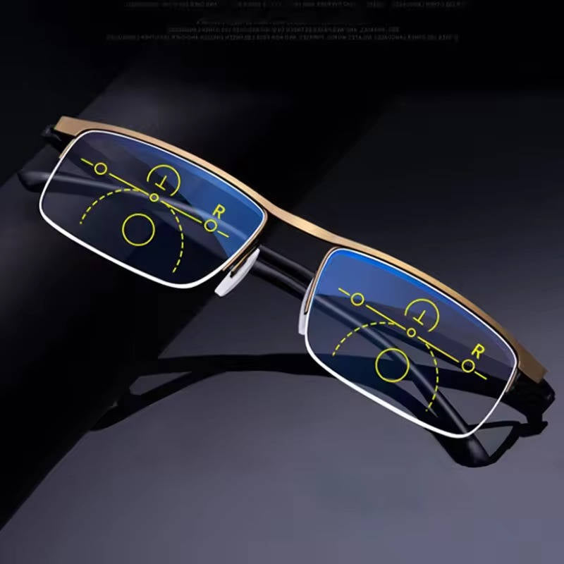 Photochromic progressive multifocal reading glasses; unisex design for optimal distance & reading.