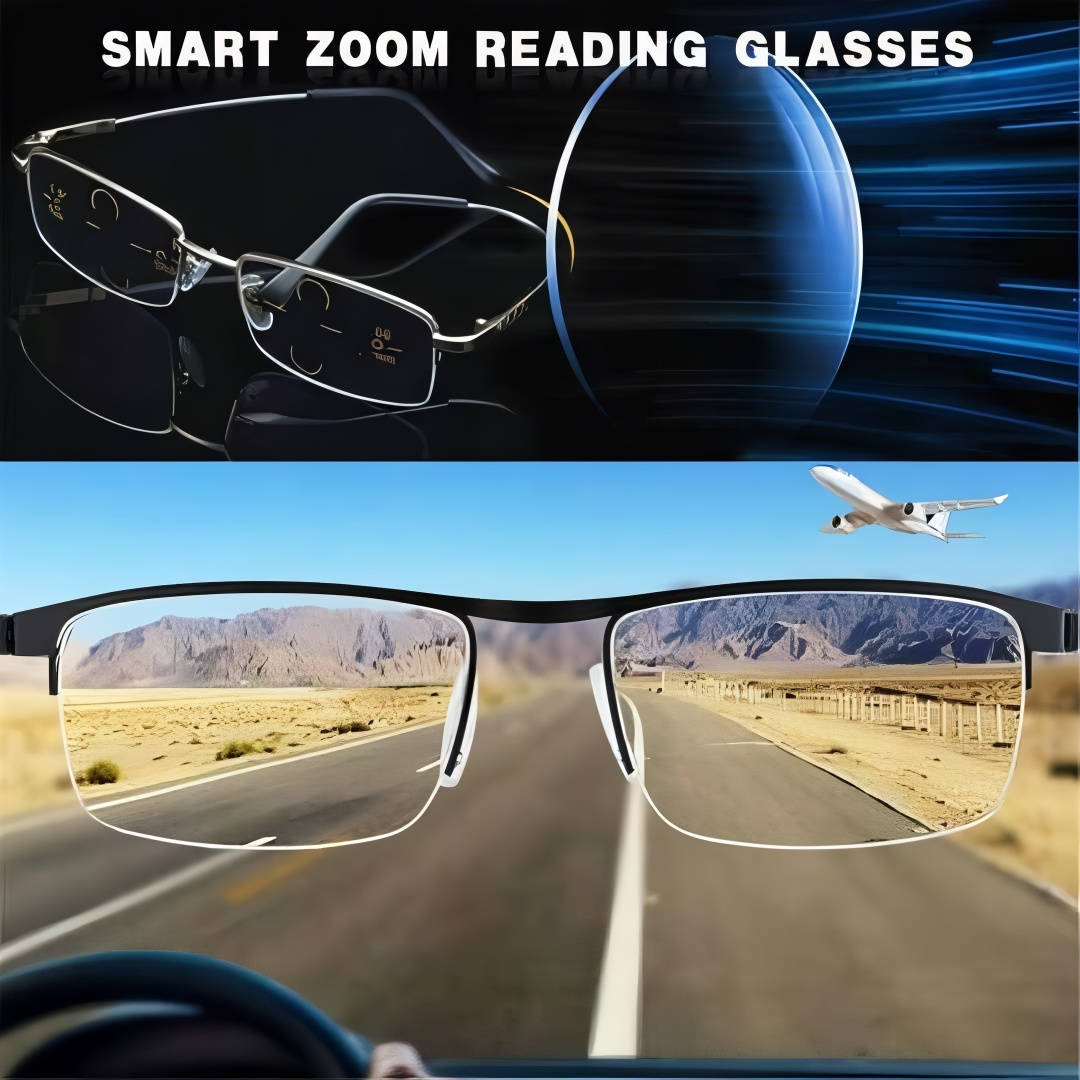 Photochromic progressive multifocal glasses with blue light filter & anti-glare for all-day eye care.