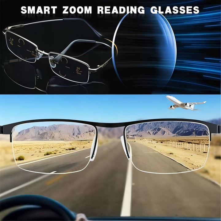 Photochromic progressive multifocal glasses with blue light filter & anti-glare for all-day eye care.