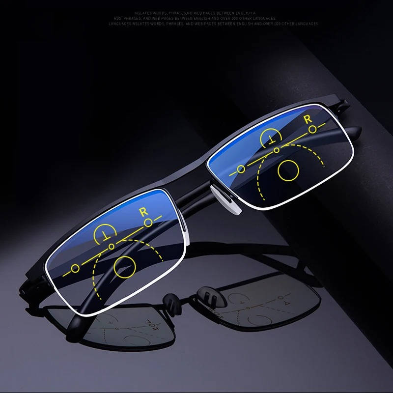 Anti-glare blue light filter progressive multifocal glasses for enhanced eye protection & adaptive vision.