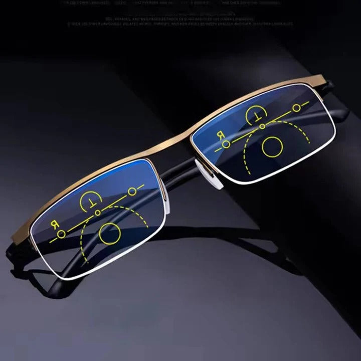 Modern unisex progressive reading glasses, blue light blocking & UV protected, for daily use.