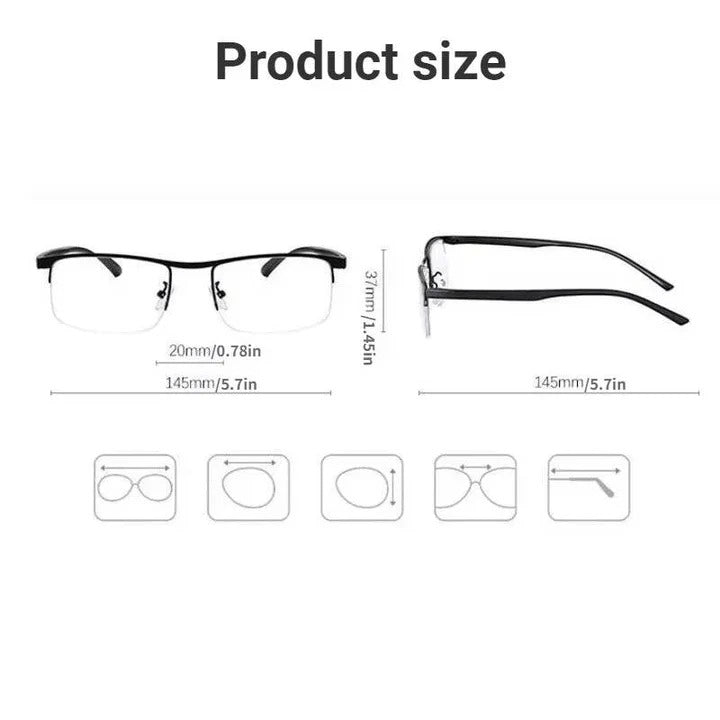 Stylish unisex progressive reading glasses with adaptive lenses, blue light & UV protection.
