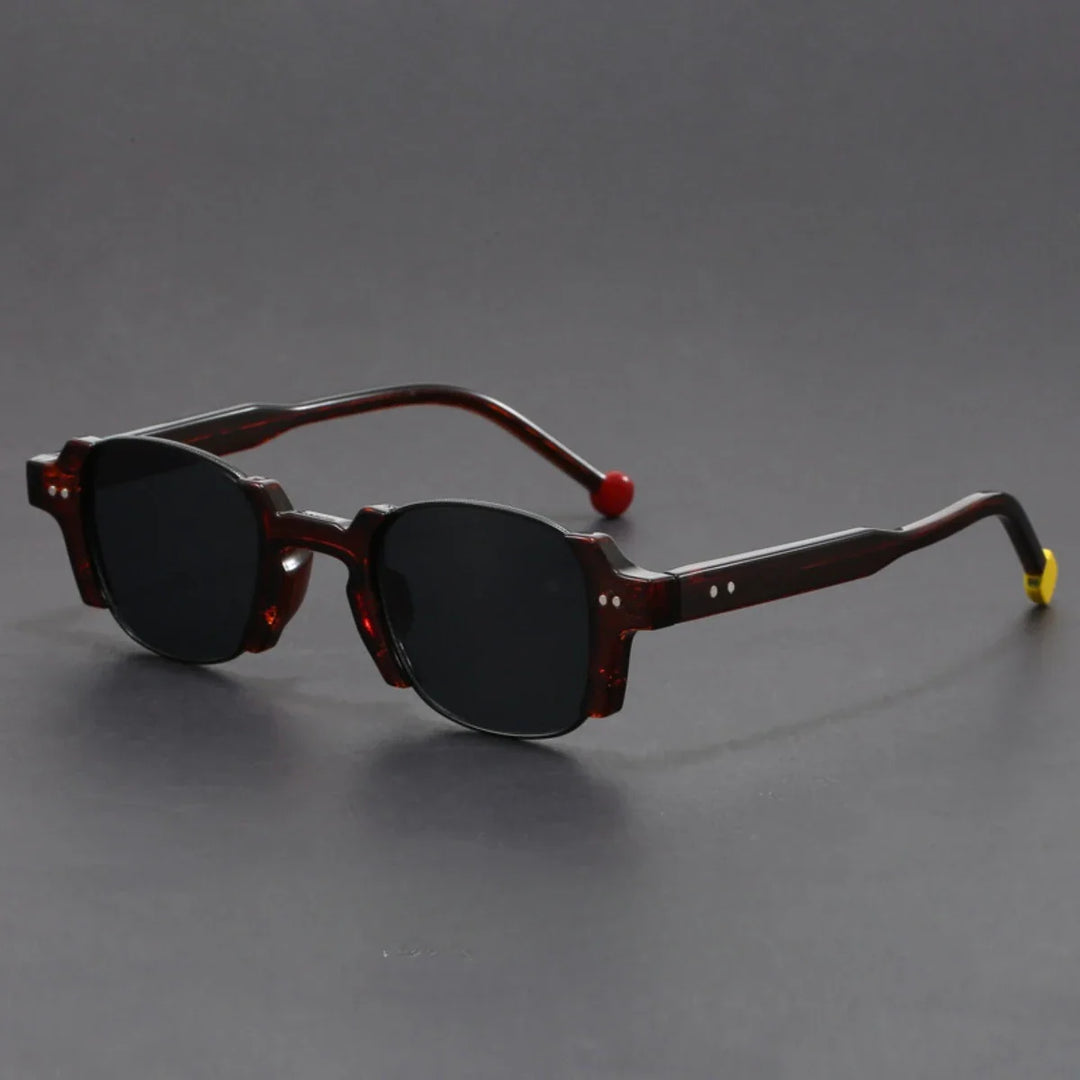 Close-up of modern unisex rectangular half-rim sunglasses, highlighting the sleek design.