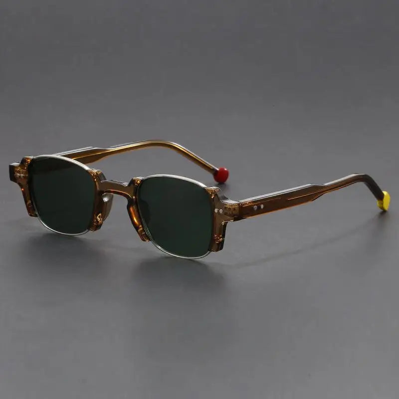 Detailed view of unisex half-rim rectangular sunglasses, showcasing quality and contemporary design.