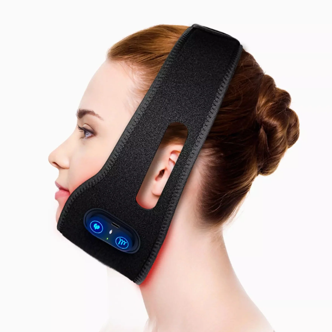 Unisex red light chin therapy belt for jawline contouring & double chin reduction, a beauty device.