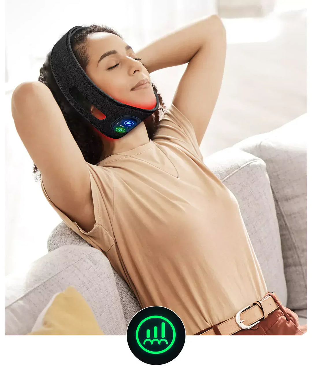 Chin therapy belt using red light to firm skin, reduce double chin, and enhance facial contours.
