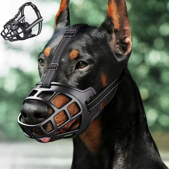 Secure, anti-bite dog muzzle with reflective strips for low-light visibility. Breathable & adjustable for pet comfort.