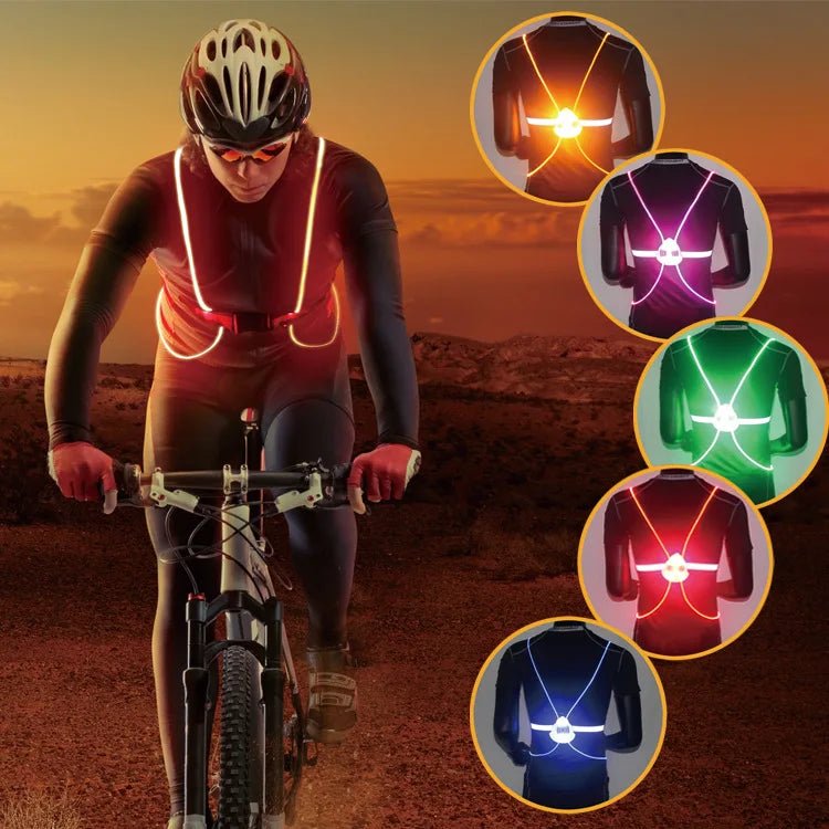 Person running at night wearing a unisex reflective LED vest. High-visibility cycling & running safety gear.