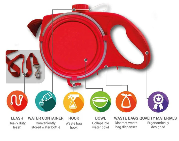 Pet dog happily walking on a trail with the 4-in-1 retractable leash, outdoor pet gear