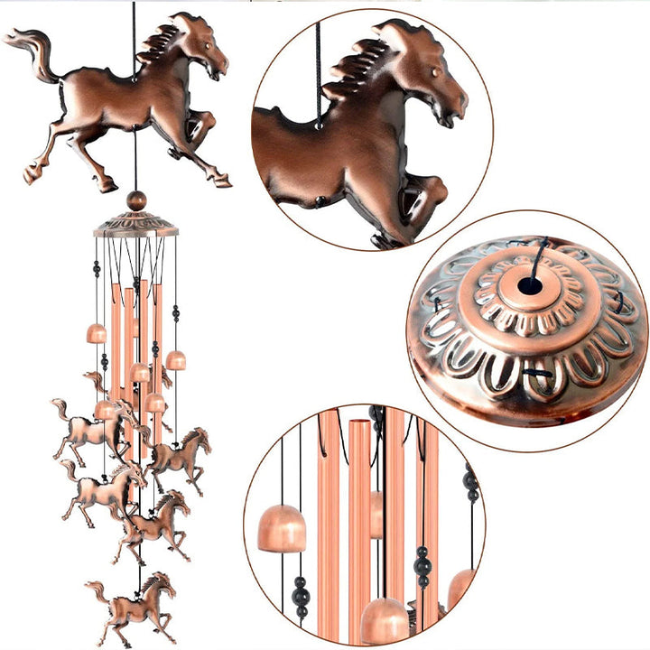 Artistic shot of a retro bronze animal wind chime, creating soothing sounds, outdoor patio decor