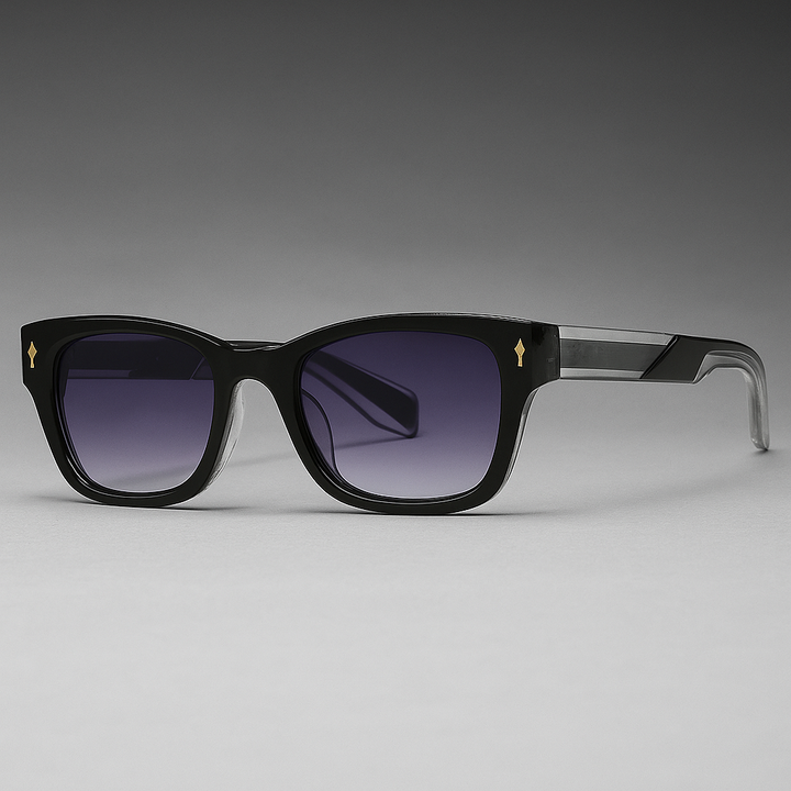 Close-up of retro cat-eye sunglasses, showcasing the black acetate frame and quality craftsmanship