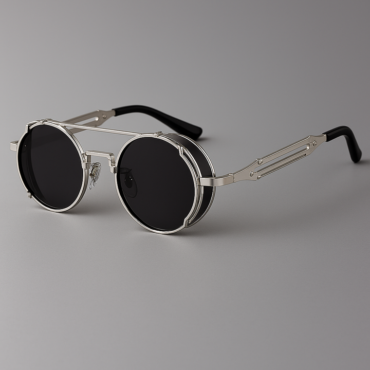 Close-up of unisex retro-modern eyewear with a distinctive shield shape and stylish metal frame for UV400.