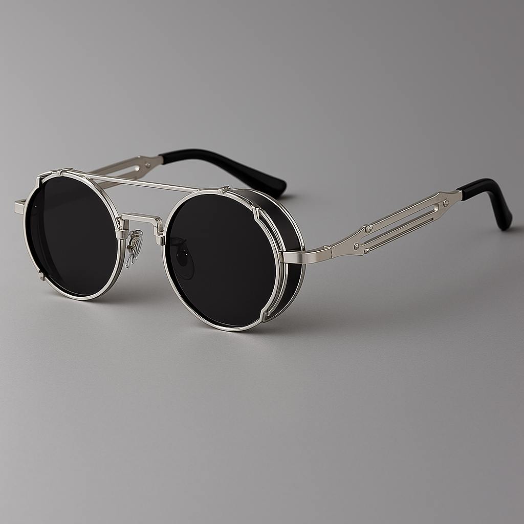 Dynamic shot of unisex retro-modern sunglasses, highlighting their unique shield design and gradient lenses.