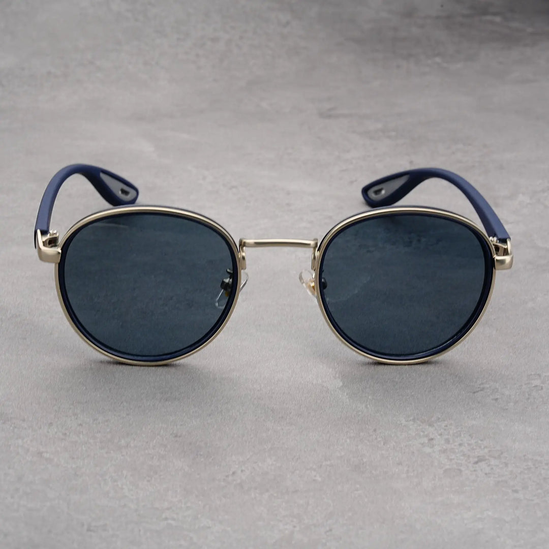 Side view of retro round metal sunglasses, showcasing the detailed craftsmanship