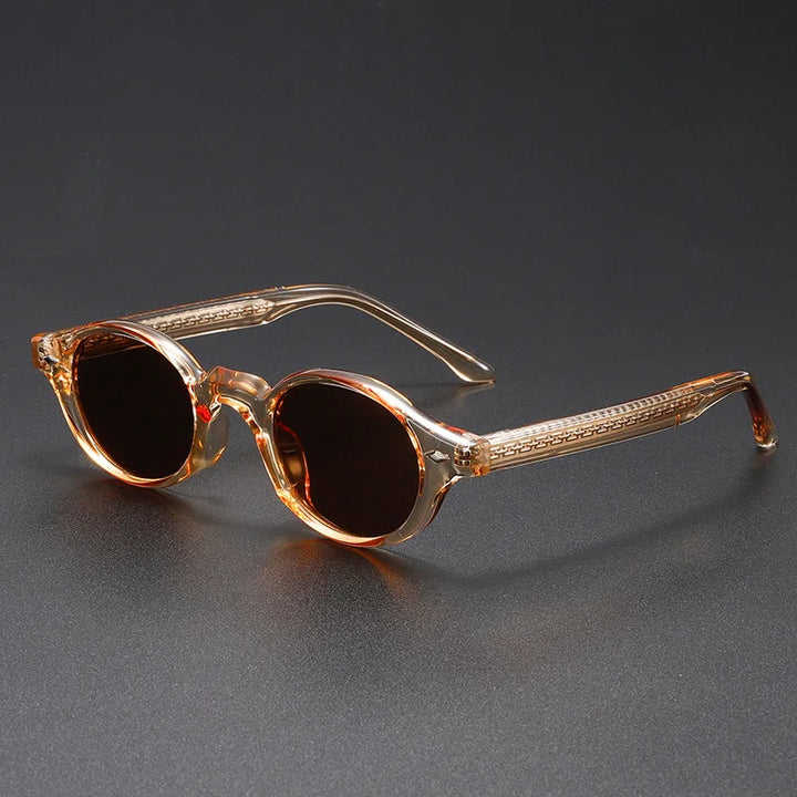Unisex retro round sunglasses with amber frames and UV protection, full view.