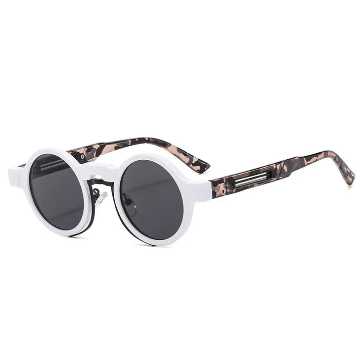 Retro round sunglasses on a model, showcasing unisex fashion accessory style