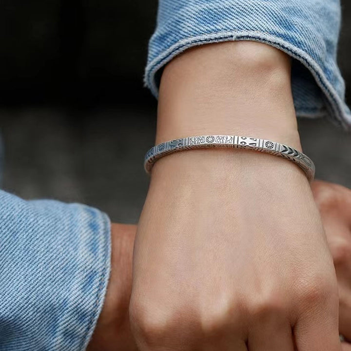 Unisex vintage copper bangle, ethnic totem engraving, adjustable bracelet for gifting