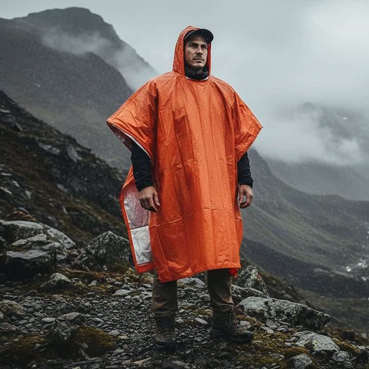 Durable emergency rain poncho, unisex design with hood, ideal for hiking, camping & travel.