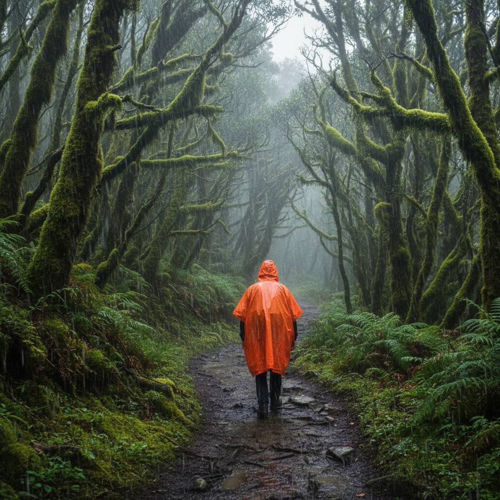 Lightweight waterproof reusable poncho with hood, essential rain gear for outdoor adventures.