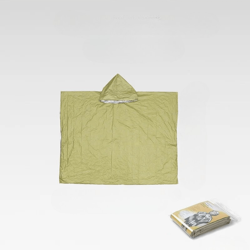 Compact reusable rain poncho with hood, perfect for hiking, camping, and unexpected downpours.