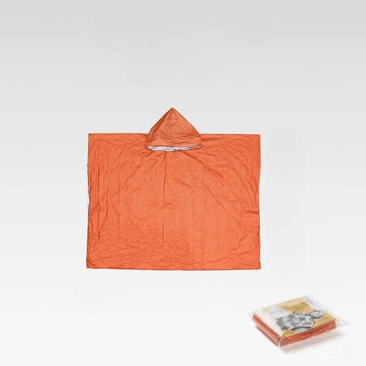 Waterproof unisex emergency poncho with hood, essential rain gear for all outdoor activities.
