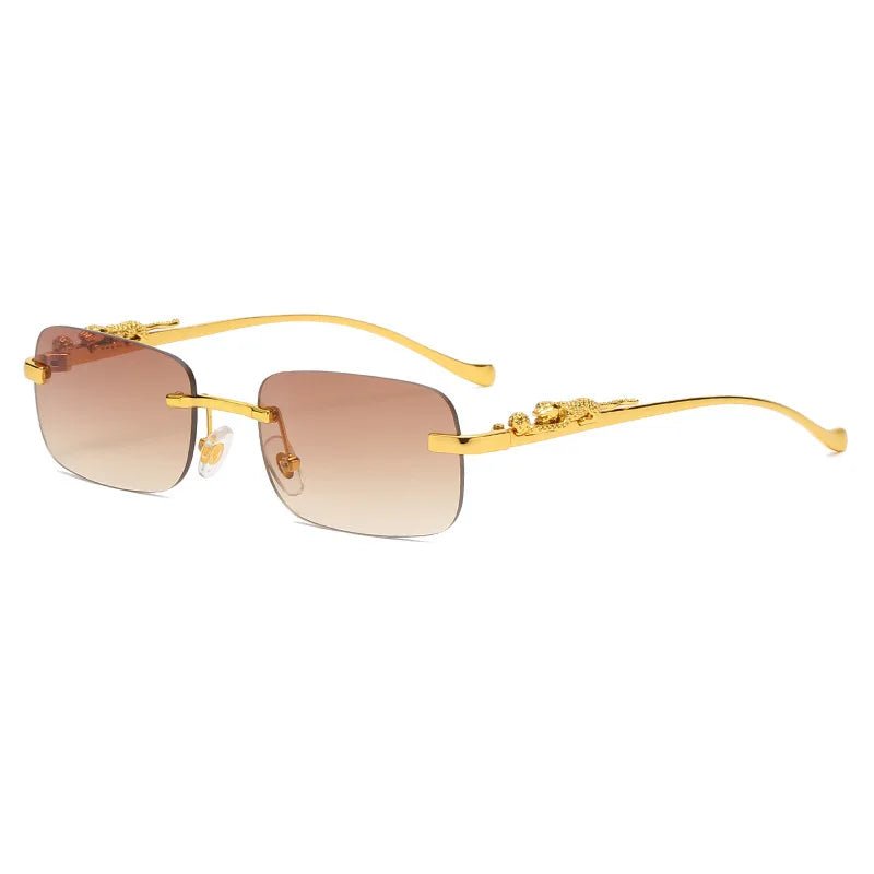Unisex rimless leopard head sunglasses with dark gradient lenses, offering full UV400 sun protection.