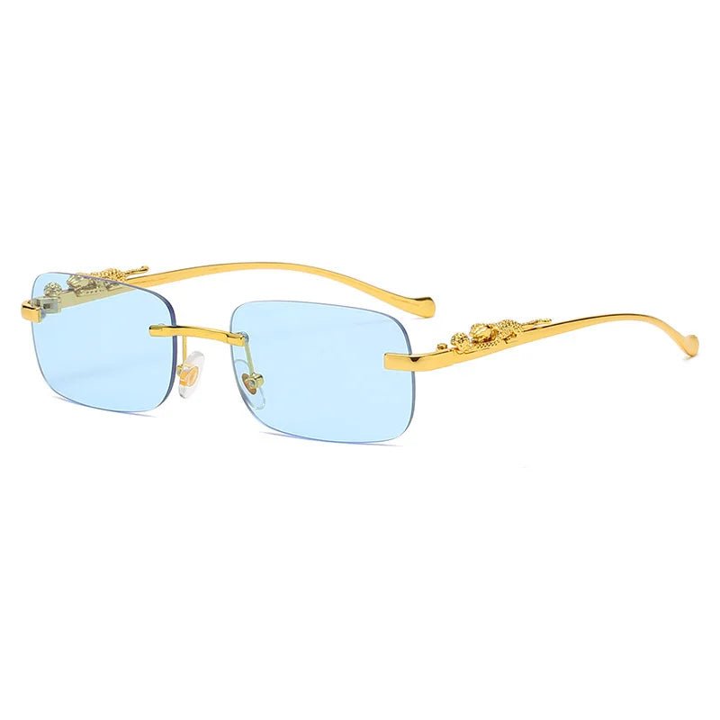 Leopard head accent unisex rimless sunglasses, providing stylish anti-reflective UV400 eye protection.