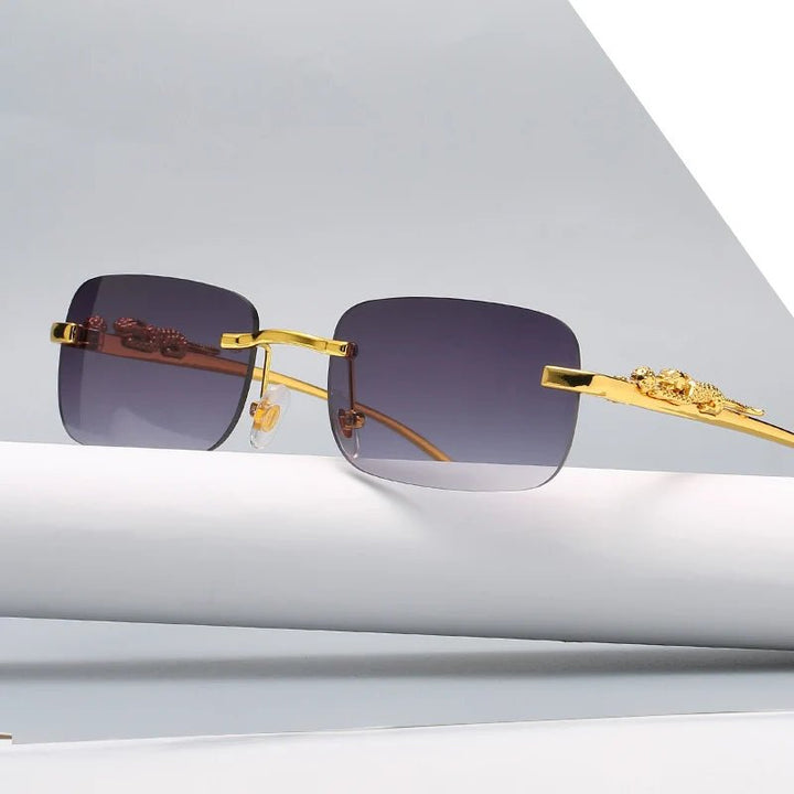 Fashionable anti-reflective unisex rimless leopard head sunglasses with UV400 eye protection for travel.