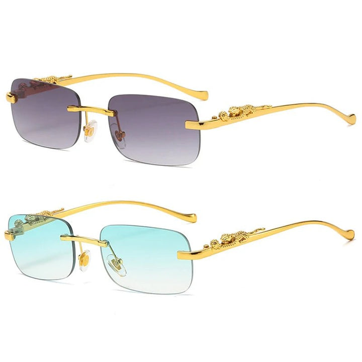 Close-up of elegant unisex rimless leopard head sunglasses, highlighting gradient UV400 lenses.