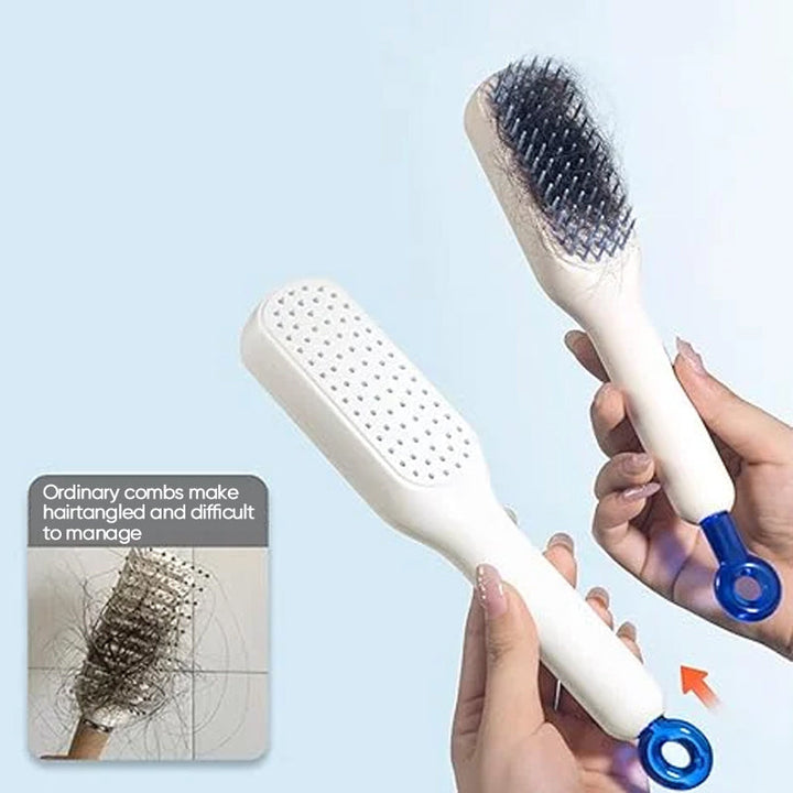 Product packaging of the self-cleaning anti-static hair brush, ready for gifting or personal use