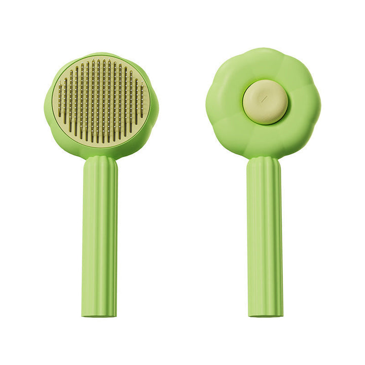 Self-Cleaning Pet Grooming Brush alongside other pet supplies, emphasizing its role in pet care