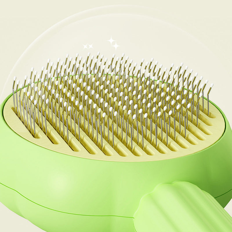 Packaging of a Self-Cleaning Pet Grooming Brush, highlighting its use for all pet hair types