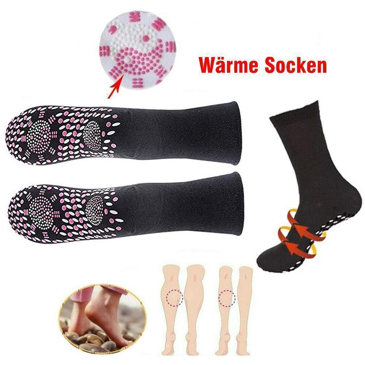 Foot wearing a self-heating tourmaline therapy sock, illustrating comfortable fit and foot care benefits.