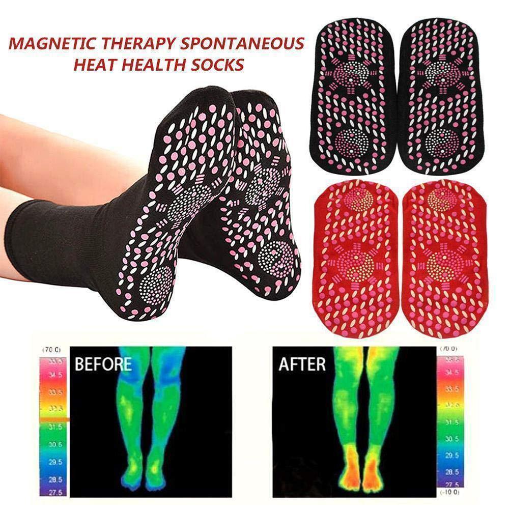 Two self-heating tourmaline socks, one folded and one flat, highlighting the polyester cotton material.