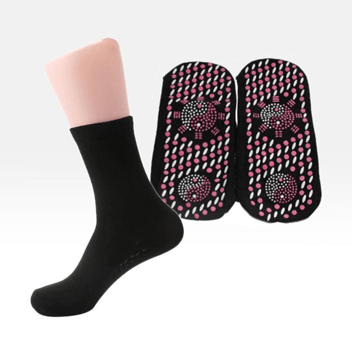 Packaging of self-heating tourmaline therapy socks, emphasizing foot care and winter warmth.