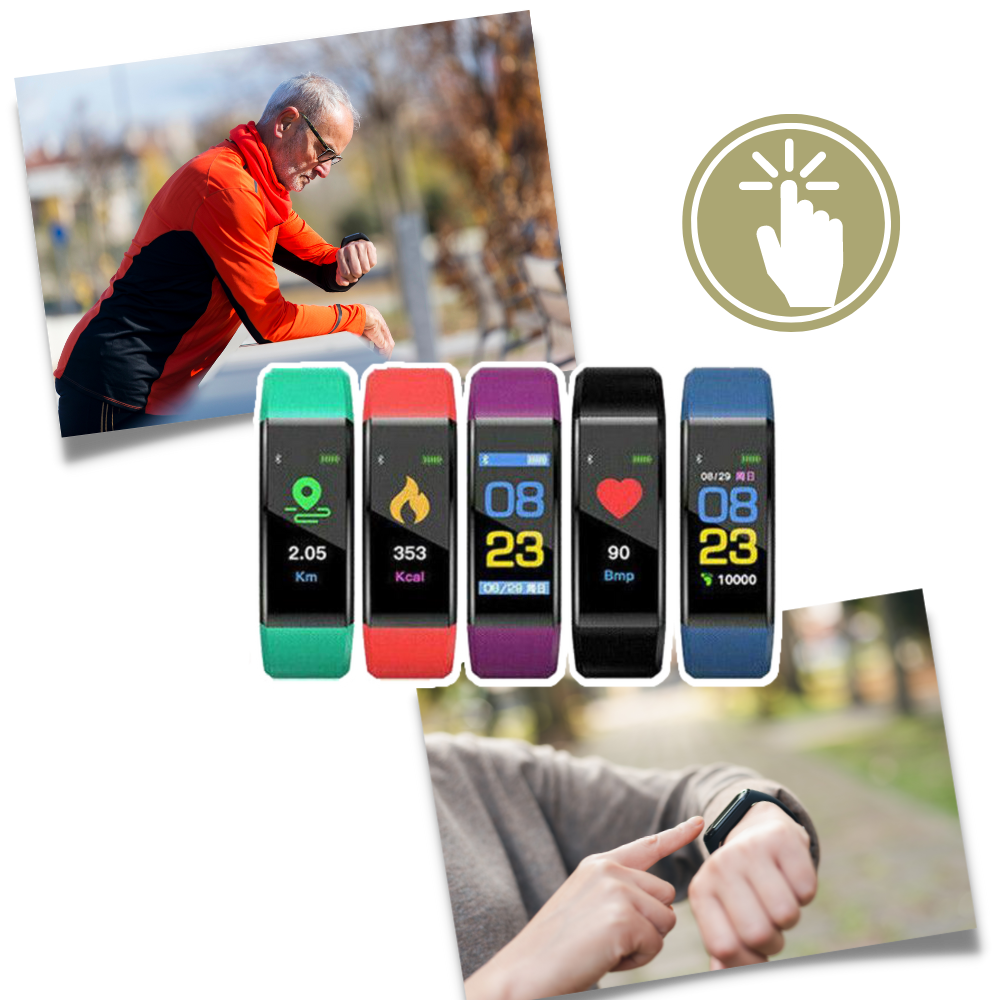 Senior-friendly health tracker smartwatch, monitors heart rate, blood pressure, and activity. Easy to use.