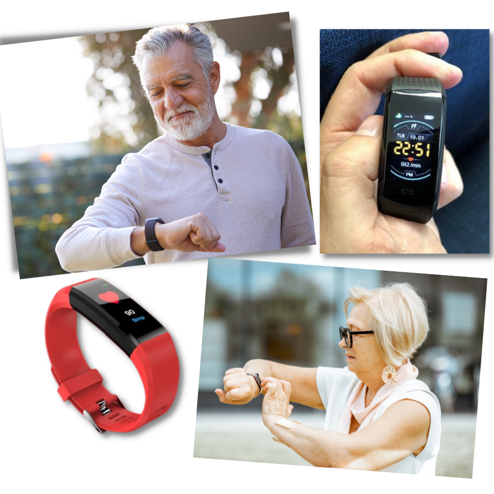 Close-up of a senior smartwatch screen showing blood pressure readings. Easy health monitoring for seniors.