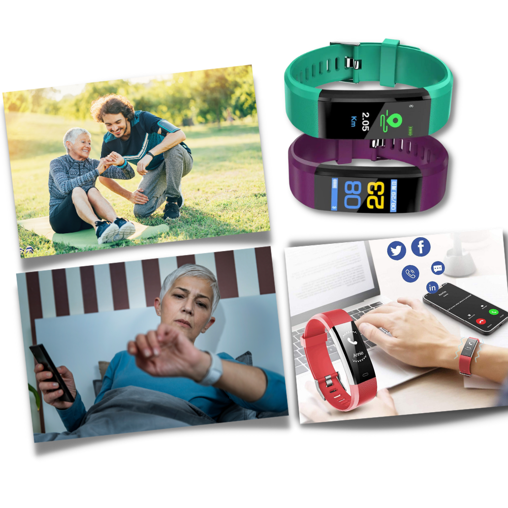 Senior smartwatch displaying activity steps. Easy-to-use fitness band & health tracker for active seniors.
