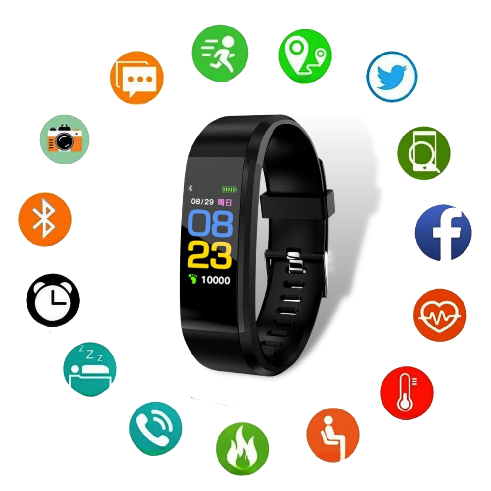 Side view of a senior smartwatch, emphasizing its slim design. Unisex health & fitness monitoring device.