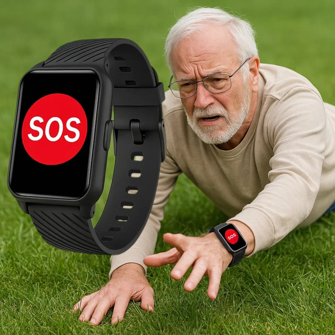 Close-up of senior smartwatch screen displaying heart rate, time, and GPS map for activity tracking.