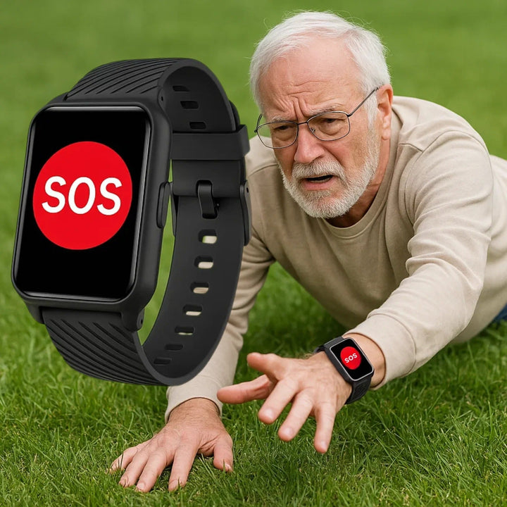 Close-up of senior smartwatch screen displaying heart rate, time, and GPS map for activity tracking.